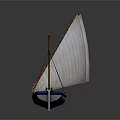 Traditional Sailing Boat With Two White Sails And Blue Striped Hull On Grey Background