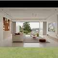Modern Living Dining Room With Beige Sofa Wooden Bookshelf and Floor to Ceiling Window