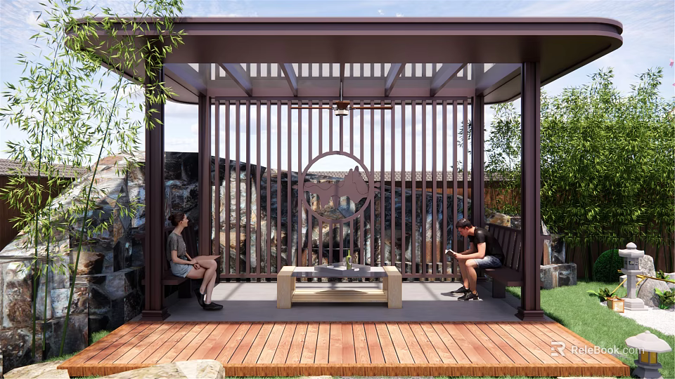 Outdoor Wooden Pavilion With Latticed Roof Circular Decoration Two People Sitting On Bench Tea Set 3d model 