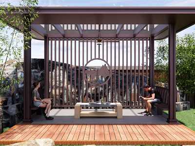 Outdoor Wooden Pavilion With Latticed Roof Circular Decoration Two People Sitting On Bench Tea Set 3d model