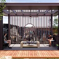 Outdoor Wooden Pavilion With Latticed Roof Circular Decoration Two People Sitting On Bench Tea Set