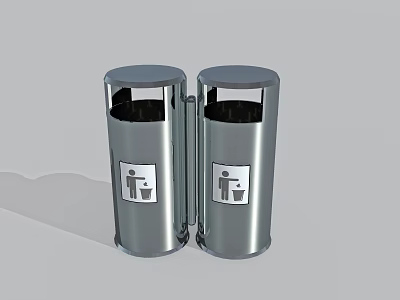 Two Silver Public Facility Trash Bins With Lids And Waste Disposal Icons 3d model
