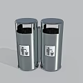 Two Silver Public Facility Trash Bins With Lids And Waste Disposal Icons