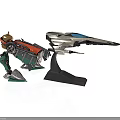 Robot Character With Mechanical Dinosaur Model And Weapon Attachment On Black Stand