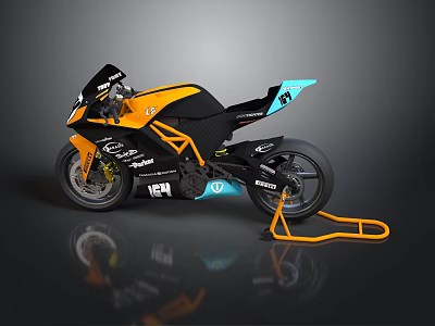 Motorcycle Black Orange Blue Sleek Design With Sporty Body Frame Wheels And Orange Kickstand 3d model