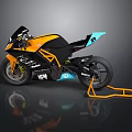 Motorcycle Black Orange Blue Sleek Design With Sporty Body Frame Wheels And Orange Kickstand