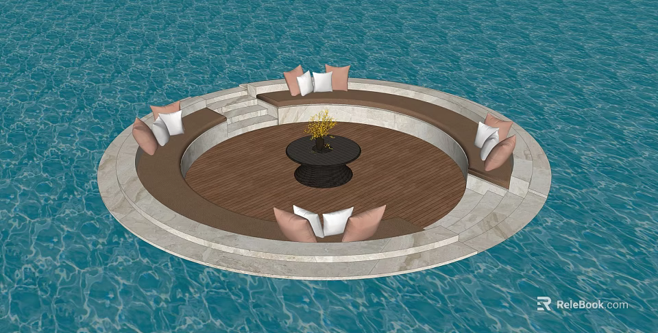 Circular Outdoor Sofa by Water with Cushions and Central Table for Relaxing Space 3d model 