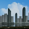 Modern High-Rise Waterfront Office Buildings with Glass Curtain Walls and City Skyline
