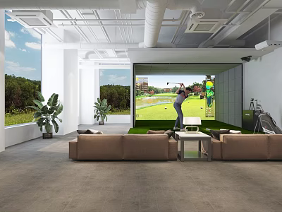 Entertainment Room with Golf Simulator Large Projection Screen Comfortable Sofa and Green Plants 3d model