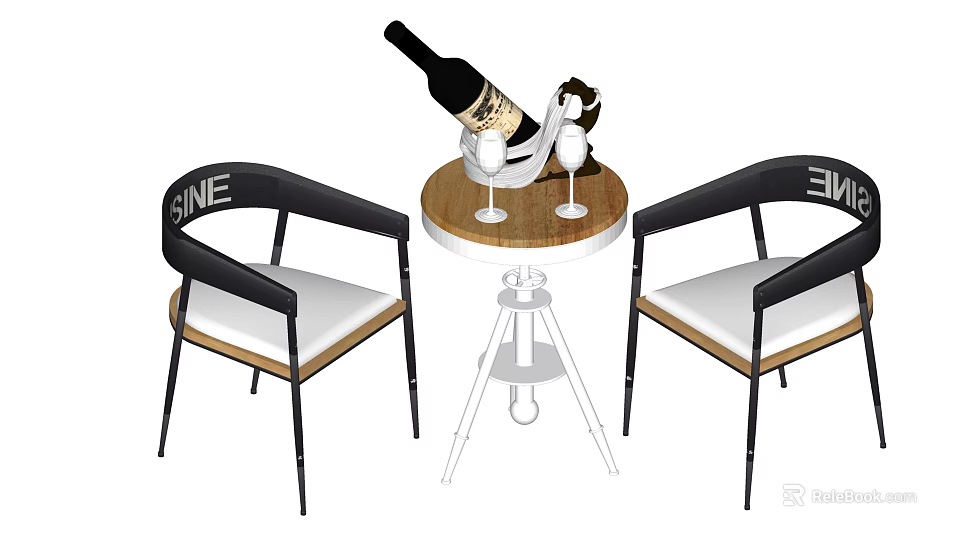 Wine Themed Table And Chairs Set With Black Armchairs White Cushions And Wine Glasses 3d model 