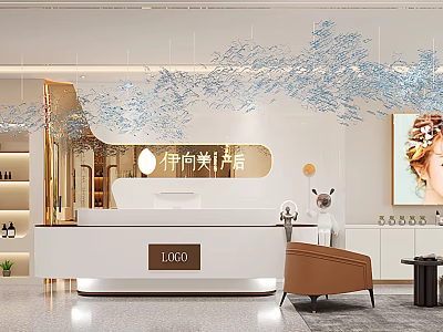 Modern Beauty Salon Reception Area With Elegant Decor Display Shelves And Cozy Sofa 3d model