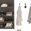 Bathroom Accessories with Wooden Shelf Folded Towels Bathrobe and Plaid Towel