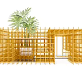 Modern Coffee Table Design With Yellow Grid Frame And Palm Plant In Interior