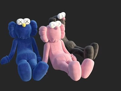 Cute Soft Plush Stuffed Toys With Big Eyes In Blue Pink Black Colors 3d model
