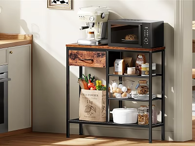 Kitchen Shelf With Drawer Holding Coffee Machine Microwave Vegetables Eggs And Jars 3d model