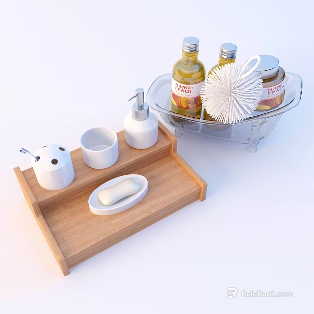 Bathroom Accessories Including Wooden Tray Soap Dish Cup Dispenser Transparent Holder Liquid Bottles And Brush 3d model 