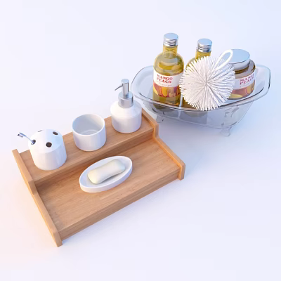 Bathroom Accessories Including Wooden Tray Soap Dish Cup Dispenser Transparent Holder Liquid Bottles And Brush 3d model