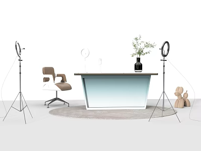 Modern Office Desk Setup With Chair Ring Light Potted Plant And Decorative Items 3d model