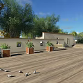 Modern Residential Community With Green Gardens Willow Trees And People Strolling