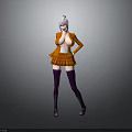 Anime Female Character With Silver Hair Orange Coat Plaid Skirt And Purple Thigh High Socks