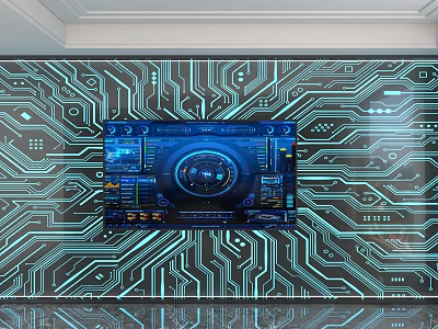 Tech Inspired Background Wall With Circuit Board Pattern And Digital Screen 3d model