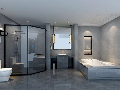 Hotel Guest Room Bathroom Modern Design With Glass Shower Enclosure Bathtub Vanity And Gray Tiles 3d model
