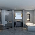 Hotel Guest Room Bathroom Modern Design With Glass Shower Enclosure Bathtub Vanity And Gray Tiles