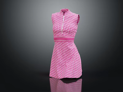 Pink Sleeveless High Neck Dress With Geometric Pattern And Waist Belt 3d model
