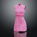 Pink Sleeveless High Neck Dress With Geometric Pattern And Waist Belt