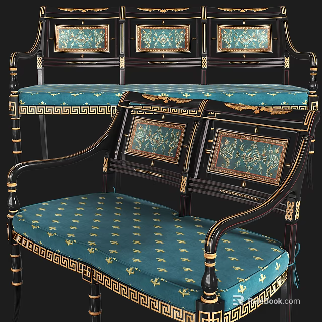 Antique Ornate Sofa Set With Gold Trim And Blue Patterned Upholstery 3d model 