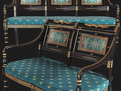 Antique Ornate Sofa Set With Gold Trim And Blue Patterned Upholstery 3d model
