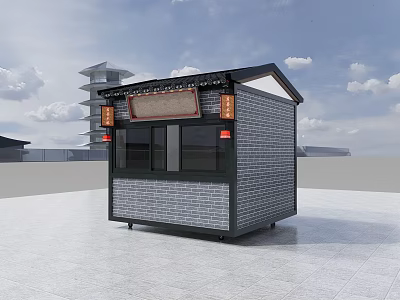 Traditional Style Kiosk with Gray Brick Walls Black Roof Transparent Windows Signboard and Lantern Decorations 3d model