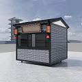 Traditional Style Kiosk with Gray Brick Walls Black Roof Transparent Windows Signboard and Lantern Decorations