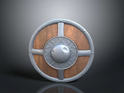 Historical Medieval Circular Shield With Wooden Surface And Decorative Metal Accents 3d model