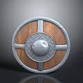 Historical Medieval Circular Shield With Wooden Surface And Decorative Metal Accents