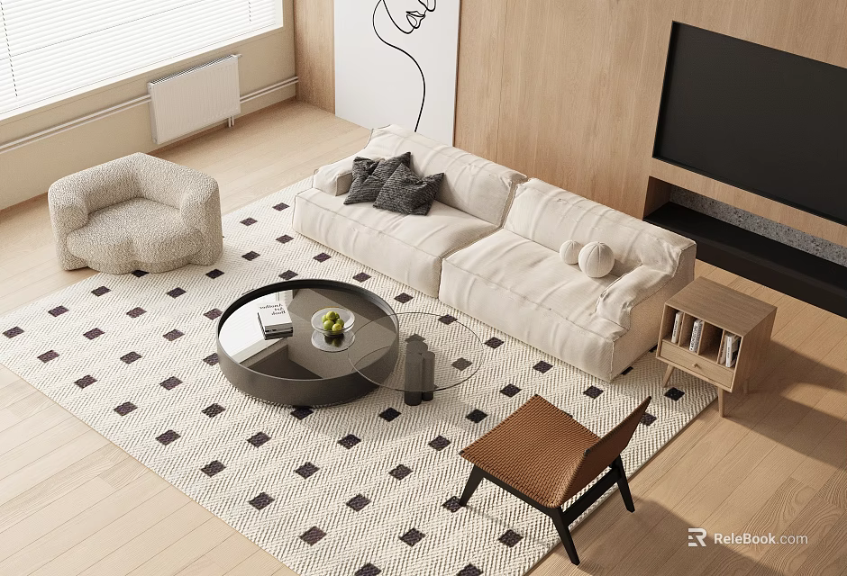 Modern Living Room Interior With White Sofa Round Coffee Table Patterned Rug And Accent Chair 3d model 