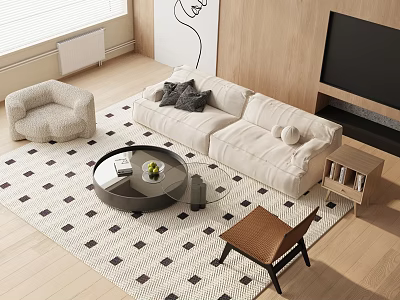 Modern Living Room Interior With White Sofa Round Coffee Table Patterned Rug And Accent Chair 3d model