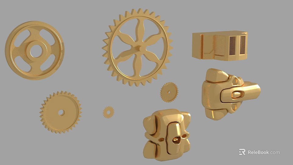 Detailed Golden Mechanical Parts Featuring Gears Wheels And Connector Components 3d model 
