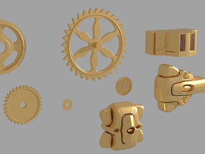 Detailed Golden Mechanical Parts Featuring Gears Wheels And Connector Components 3d model