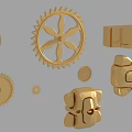 Detailed Golden Mechanical Parts Featuring Gears Wheels And Connector Components