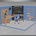 Indoor Workspace With Blue Walls Wooden Desk Green Lamp Blue Chair Shelves Books Clock And Map