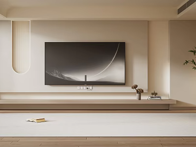 Modern TV Wall Interior Design With Light Tones TV Stand And Decorations 3d model