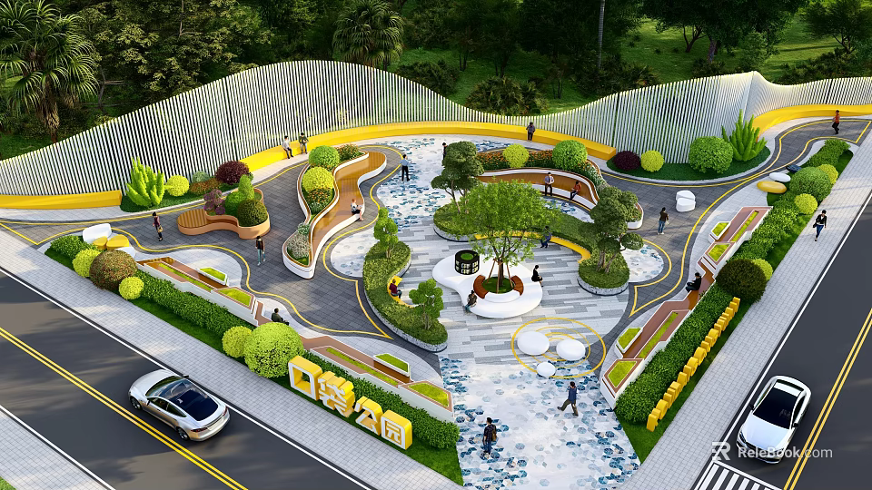 Modern Park Landscape With Curved Pathways Circular Seating Water Inspired Pavement And Greenery 3d model 