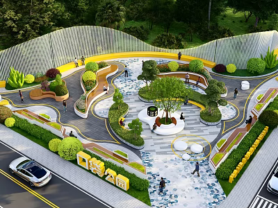 Modern Park Landscape With Curved Pathways Circular Seating Water Inspired Pavement And Greenery 3d model