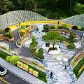 Modern Park Landscape With Curved Pathways Circular Seating Water Inspired Pavement And Greenery