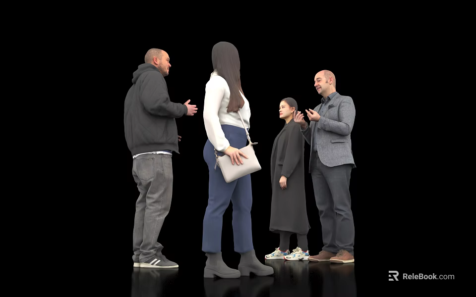 Group of Four People Standing and Conversing in Casual Attire Together 3d model 
