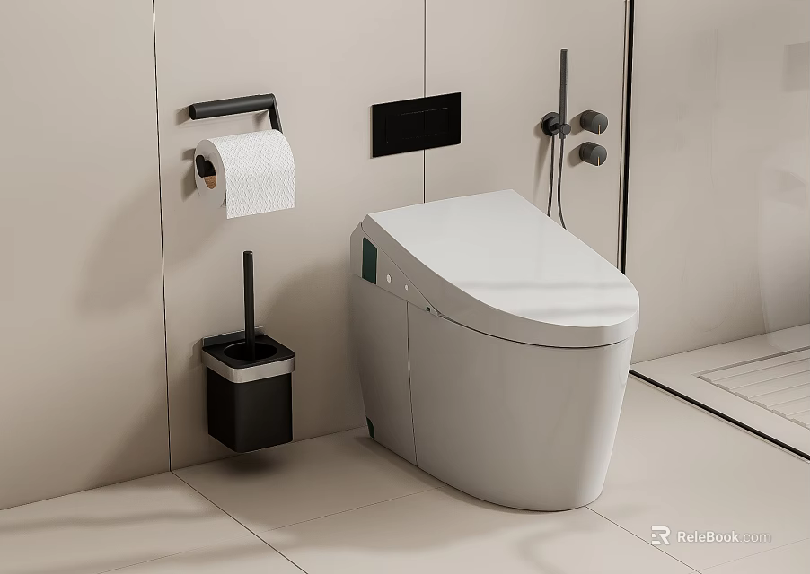 Modern White Toilet in Bathroom with Toilet Paper Holder Roll and Brush Holder 3d model 