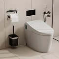 Modern White Toilet in Bathroom with Toilet Paper Holder Roll and Brush Holder