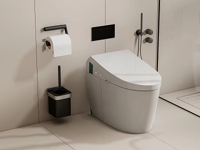 Modern White Toilet in Bathroom with Toilet Paper Holder Roll and Brush Holder 3d model