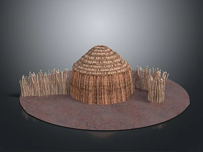 Traditional Thatched Hut Structure With Round Roof Wooden Fences On Earthen Ground 3d model